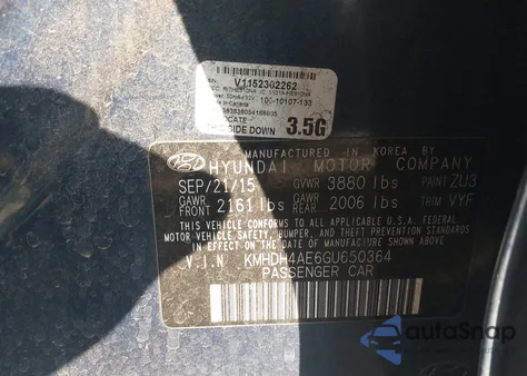 2016 Hyundai Elantra Se from USA, damaged, VIN KMHDH4AE6GU650364